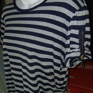 Michael Kors Navy and Gray Striped  Ruched Shirt